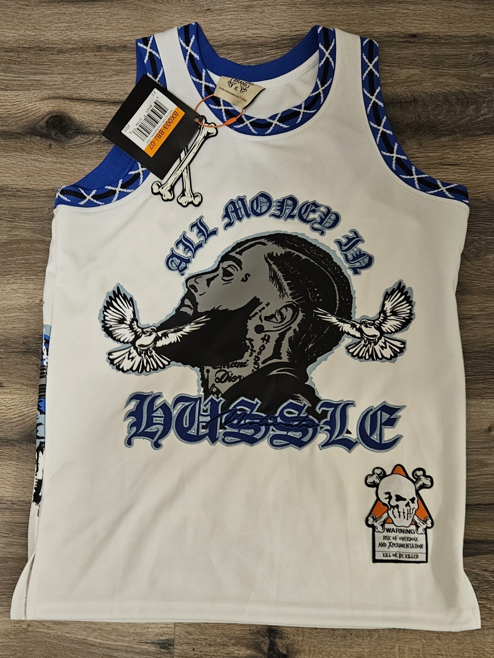 Nipsey- All Money In Hussle Graphic Jersey - White/Blue
